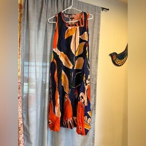 R13 Navy Multicolor Abstract Leaf Maxi Dress with Orange and Yellow